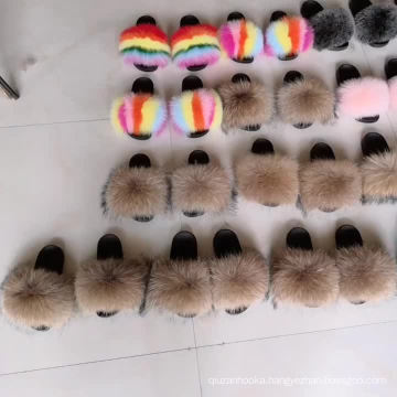 Women Luxury Real Raccoon Fur Slippers Slides Indoor Outdoor Flat Soles Soft Spring Summer Shoes